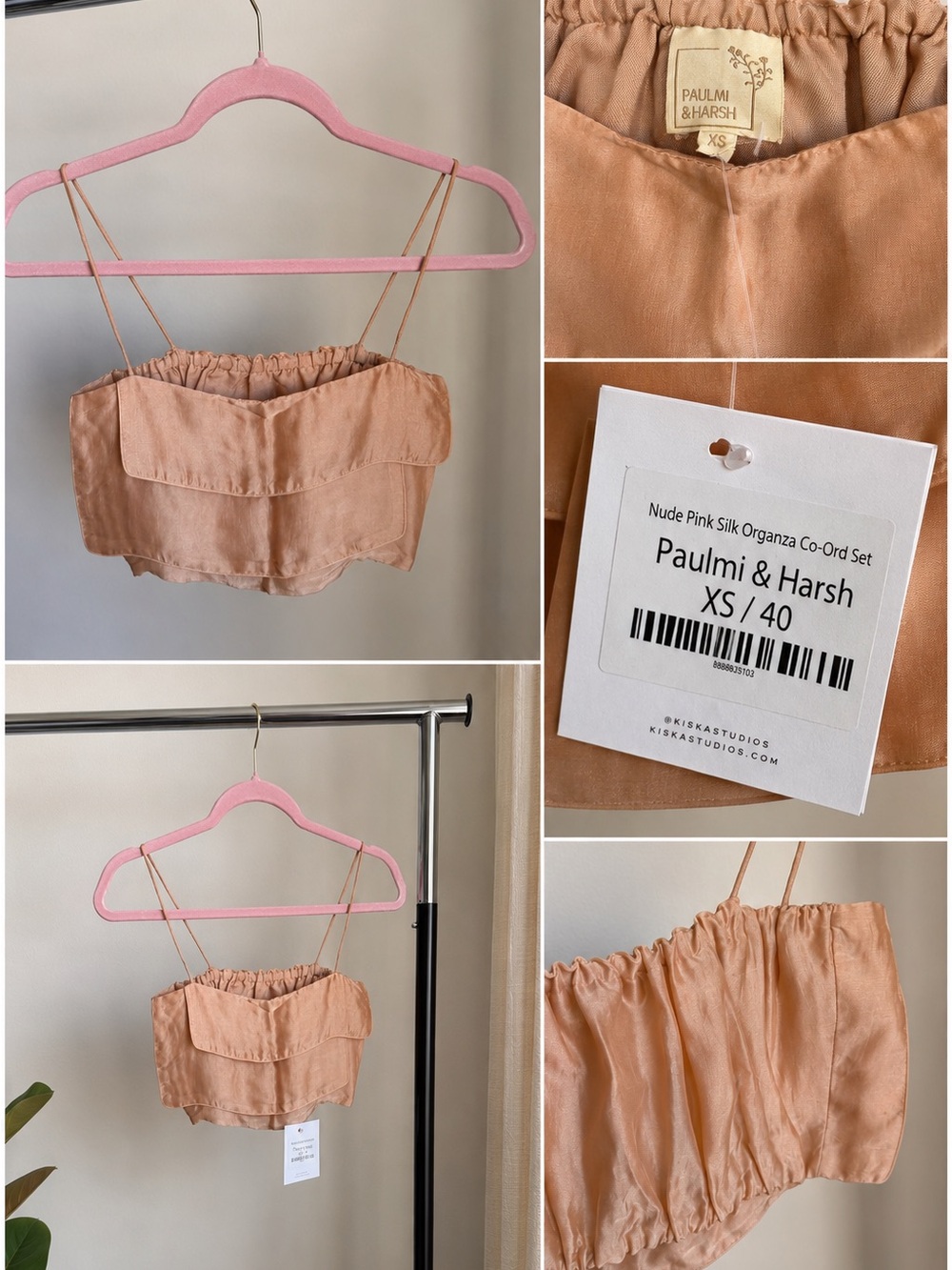 Paulmi & Harsh Nude Pink Silk Organza Crop Top XS NWT Ruffle Strappy Designer